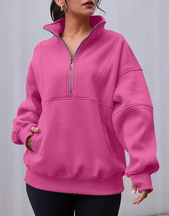 Zipper Patchwork Pocket Brushed Hoody Women's Loose Rose Red - Shop at LoveMi