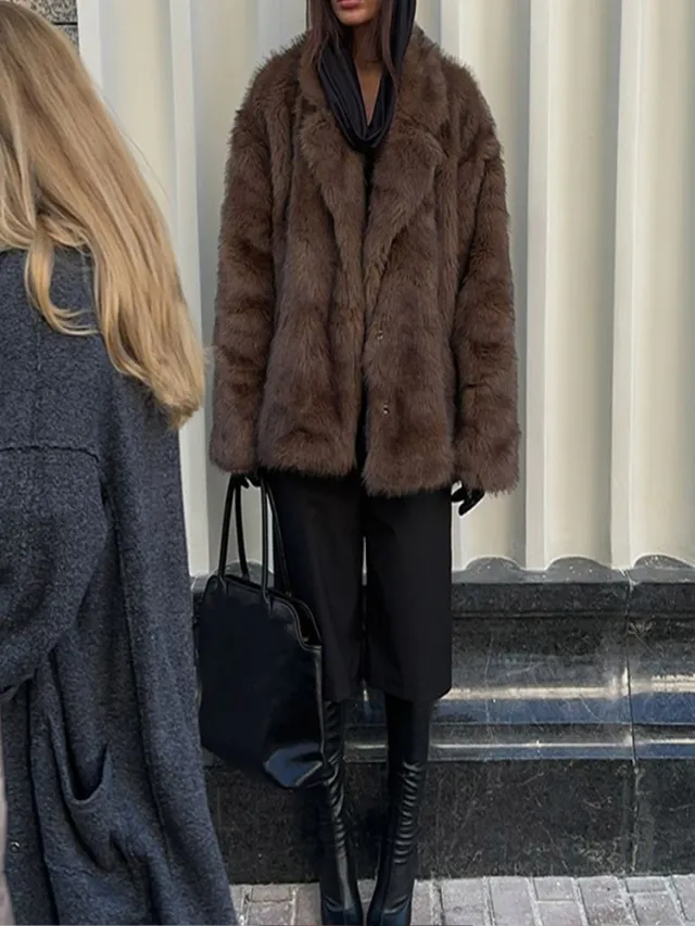 Solid Color Polo Collar Plush Faux Fur Coat Brown - Shop at LoveMi