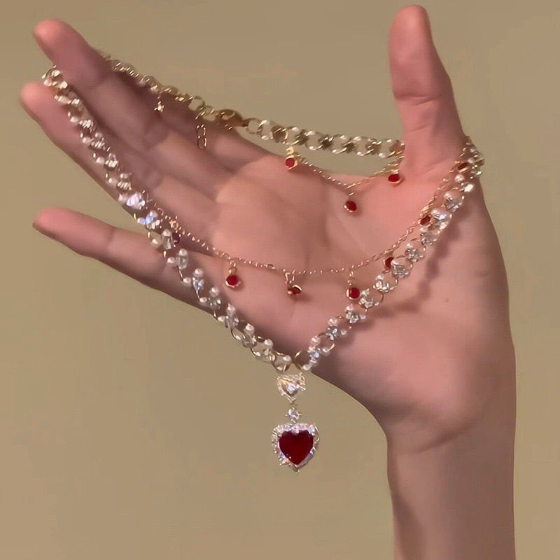 Red Love Pearl Double Layer Twin Necklace