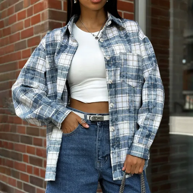 Loose Classic Long sleeved Plaid Polyester cotton Pocket Shirt Plaid L - Shop at LoveMi