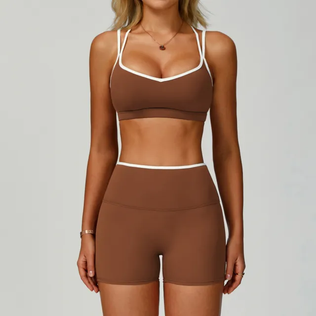 Contrastcolor Trimmed Women's TightfittingBackrevealing Yoga Wear Sports Outdoor Fitness Set Brown - Shop at LoveMi