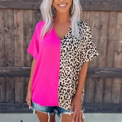 Border Springsummer Style Leopard Splicing Pullover V-neck Short Sleeve Casual Women's T-shirt - Rose - View 1