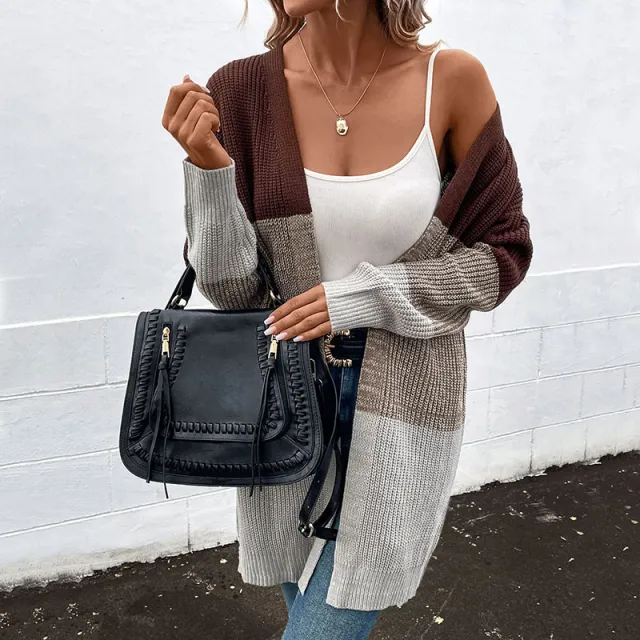Autumn And Winter New Long Sleeve Contrast Color Long Sweater Cardigan For Women Coffee Brown - Shop at LoveMi