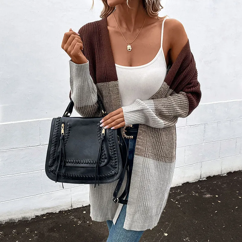 Autumn And Winter New Long Sleeve Contrast Color Long Sweater Cardigan For Women - Coffee Brown