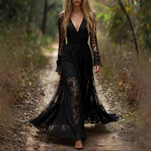Stylish Long sleeve V neck Patchwork Maxi Dress Black - Shop at LoveMi