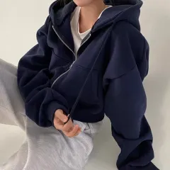 Velvet Padded All-matching Short Slim-fit Zipper Warm Navy Blue Hooded Sweater - Navy Blue - View 1