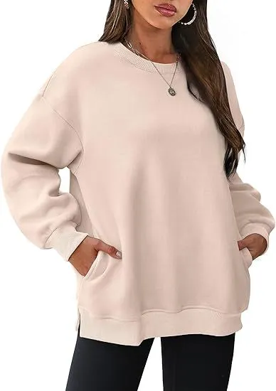 Women's Round Neck Pullover Oversized Loose Velvet Long Sleeve Sweatshirt Apricot - Shop at LoveMi