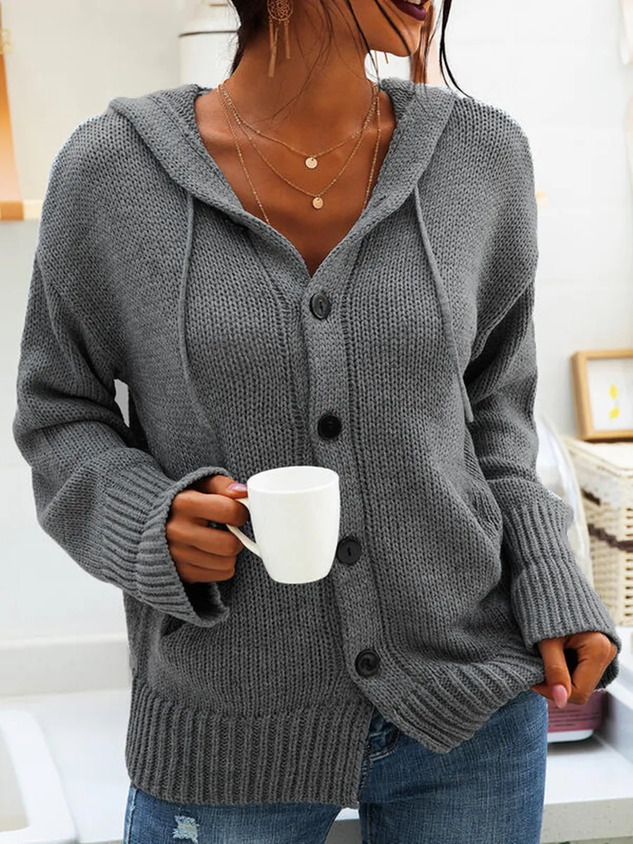 Hooded Knitted Long-sleeved Breasted Cardigan Drawstring Sweater - Gray