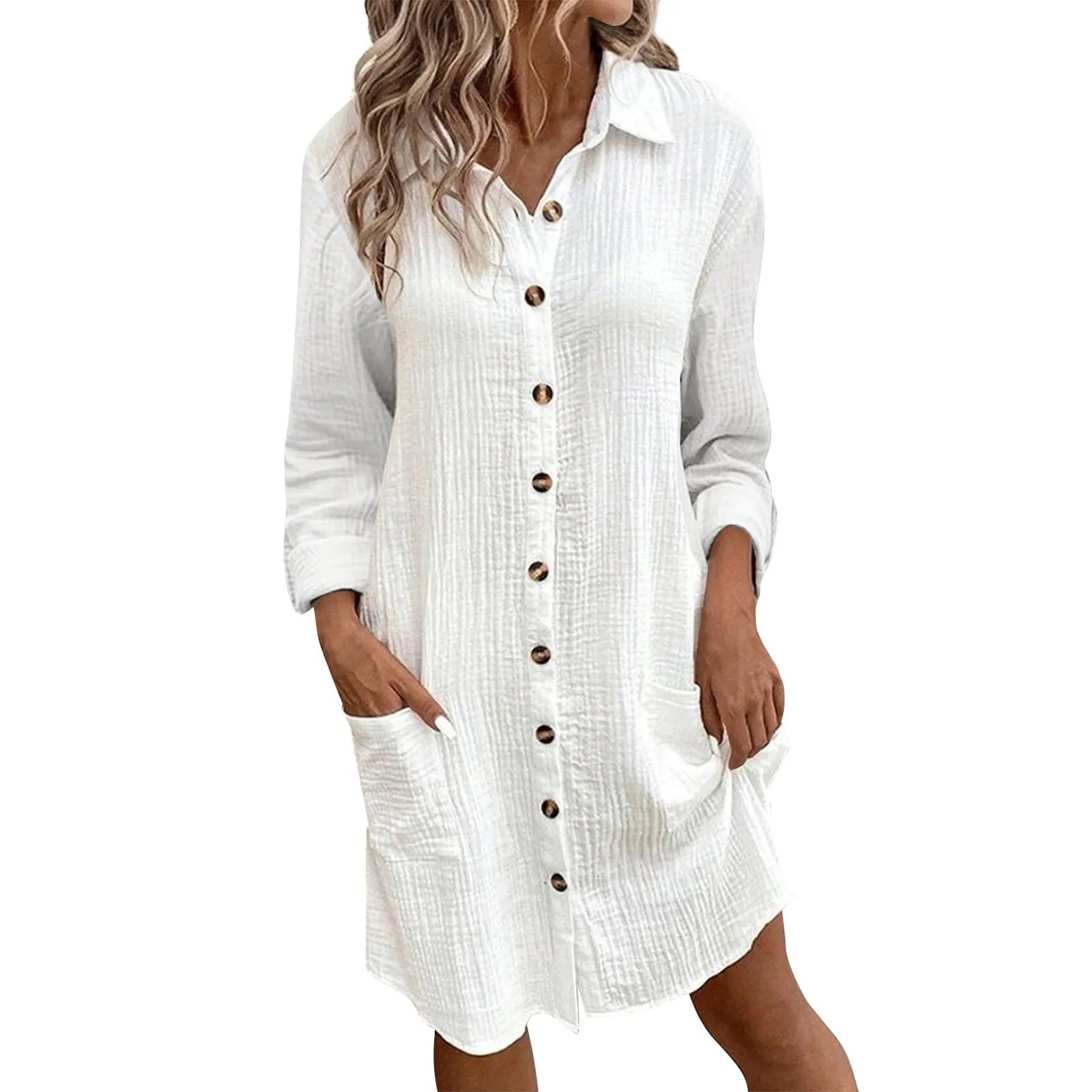 Linen Button down Mid length Long sleeve Shirt Casual Dress White - Shop at LoveMi