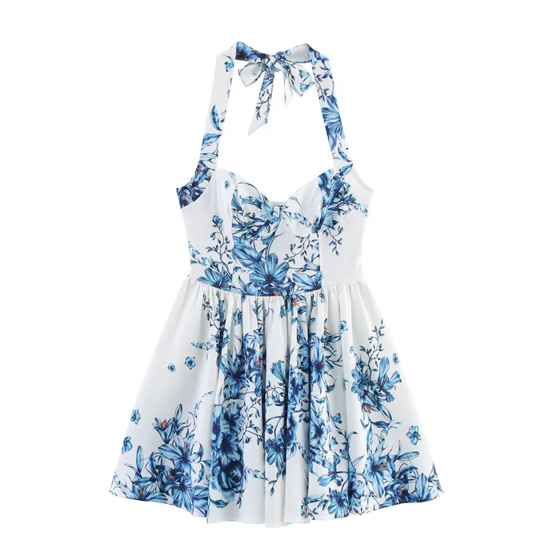 European And American Style Women's Fashion Sexy Printed Halter Dress - Blue Flower