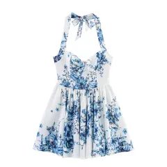 European And American Style Women's Fashion Sexy Printed Halter Dress - Blue Flower - View 1