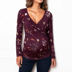 Pregnant Women Deep V-neck Long Sleeve Printed Cross Nursing T-shirt - Dark Red Flower - View 1