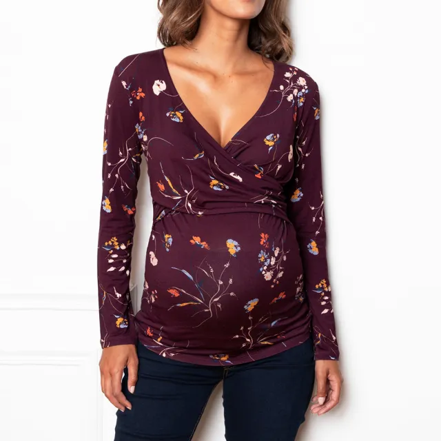 Pregnant Women Deep V neck Long Sleeve Printed Cross Nursing T shirt Dark Red Flower - Shop at LoveMi