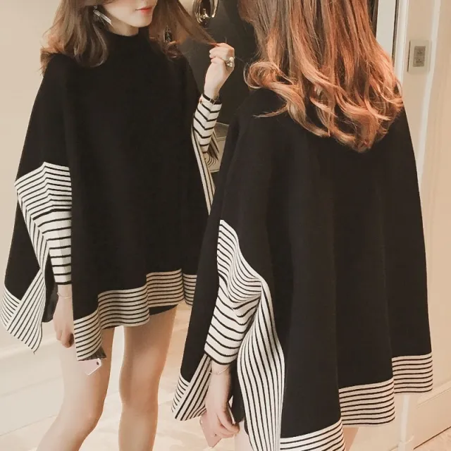Striped Contrast Color Shawl Women's Long sleeved Sweater Black - Shop at LoveMi