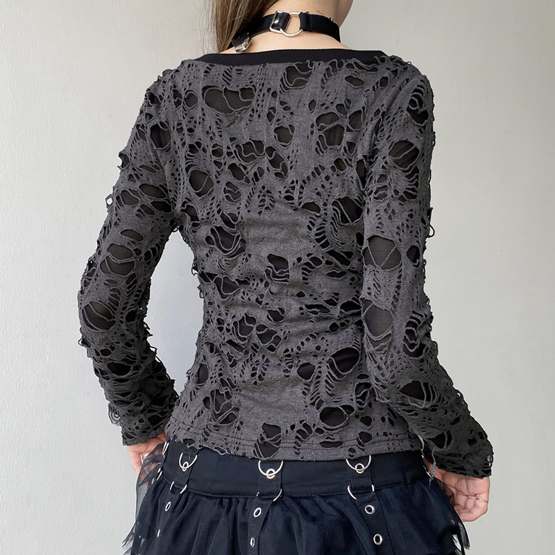 European And American Dark Style V-neck Hole Stitching T-shirt