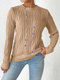 Women's Winter Round Neck Pullover Bottoming - Khaki 8 Purple Flower Stickers - View 1