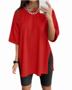 Women's Solid Colour Split Short-sleeved T-shirt Round Neck Loose Top - Red - View 1