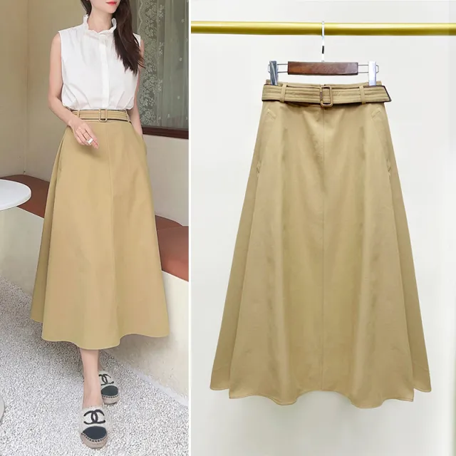 Women's Mid length Skirt High Waist Tight Waist A Line Large Hem Umbrella Skirt Khaki - Shop at LoveMi