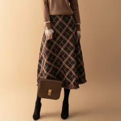 Plaid For Women Big Hem Skirt Wool Midi Dress - Brown - View 1