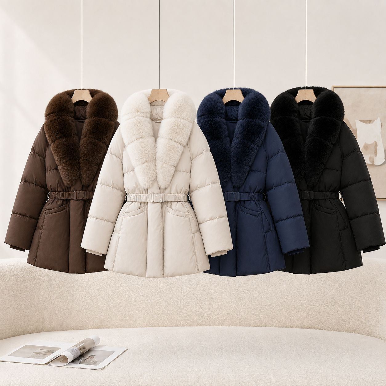 Women's Solid-color Waist-cinching Slimming Cotton Coat With A Large Fur Collar