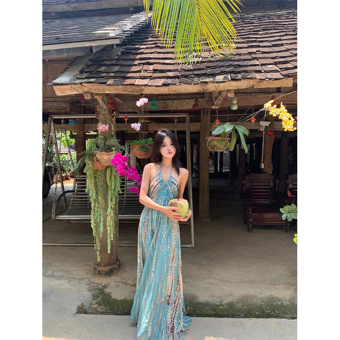 Women's Retro Bohemian Halter Neck Strap Dress Picture Color L - Shop at LoveMi