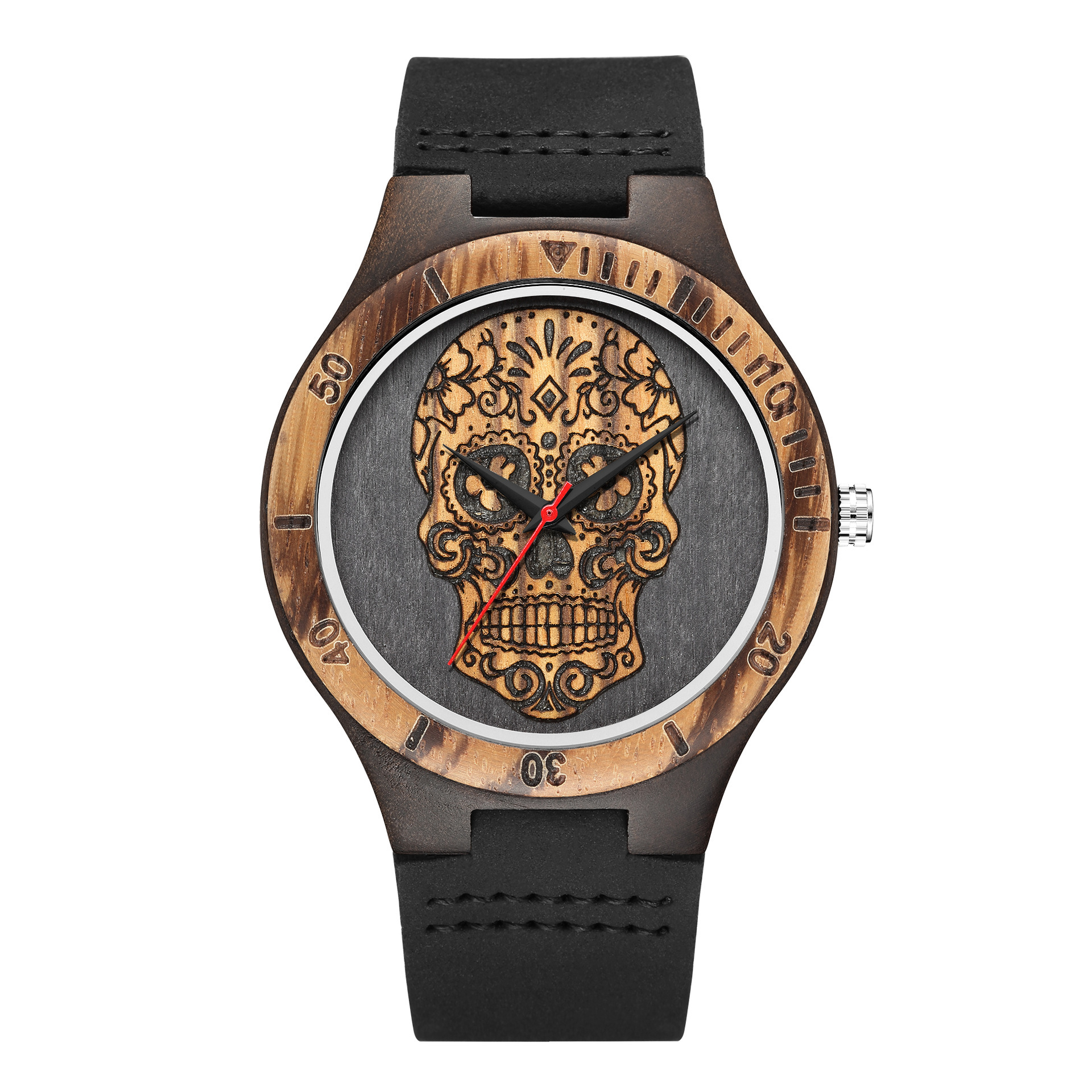 Title 8, Houten schedel horloge met kwarts uurwerk en du...