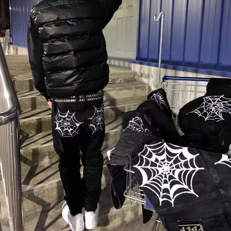 American High Street Cotton Pants Spider Web Wide Leg Jeans