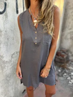 Fashion Casual Cotton Linen Solid Colour Buttons Pocket Deep V-neck Dress - Grey - View 1