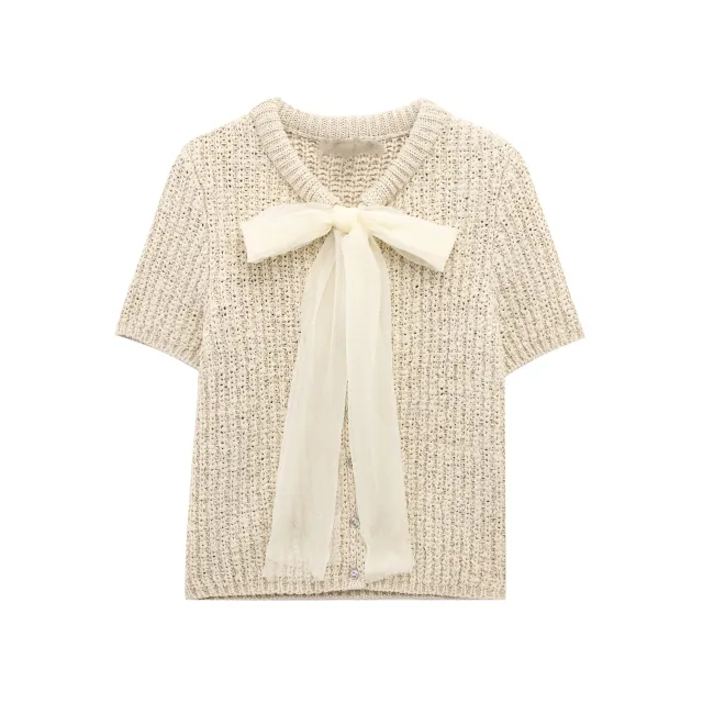 Transparent Organza Bowknot Decoration Knitted Coat Transparent - Shop at LoveMi