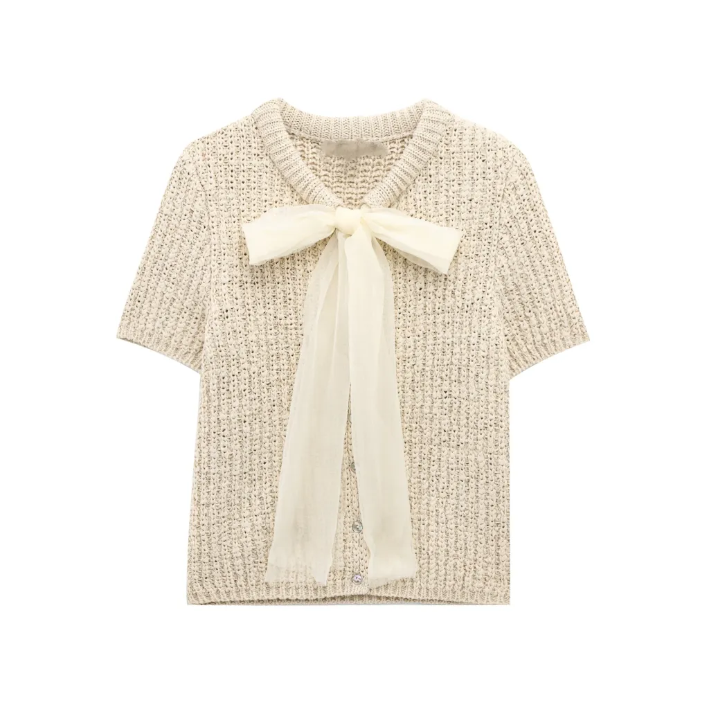 Transparent Organza Bowknot Decoration Knitted Coat - Transparent