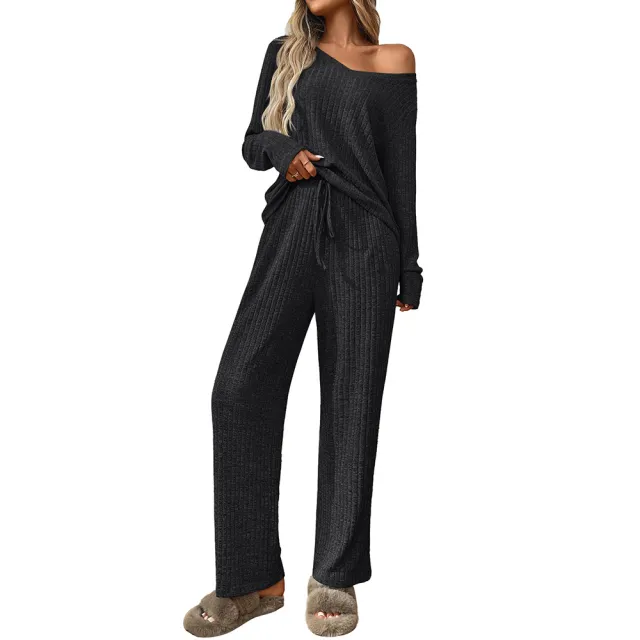 Sunken Stripe Pajamas Round Neck Long Sleeve Trousers Homewear Suit Black - Shop at LoveMi