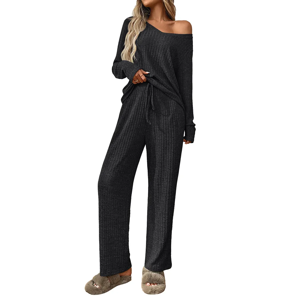Sunken Stripe Pyjamas Round Neck Long Sleeve Trousers Homewear Suit - Black