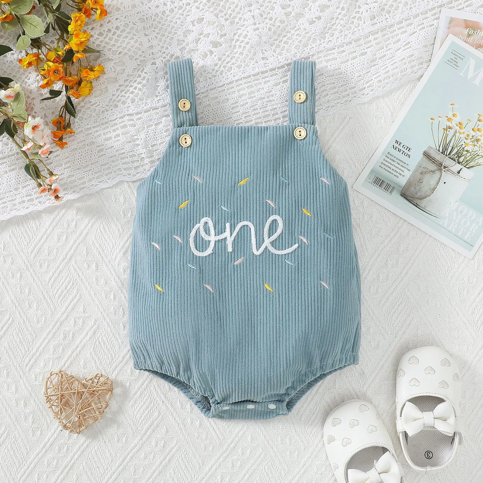 Cute One-year-old Towel Embroidery-strap Corduroy Romper