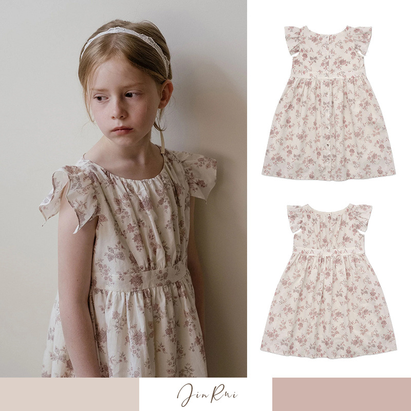 Sweet Princess Dress Pink Floral Print For Girls Flying Sleeve Children's Skirt