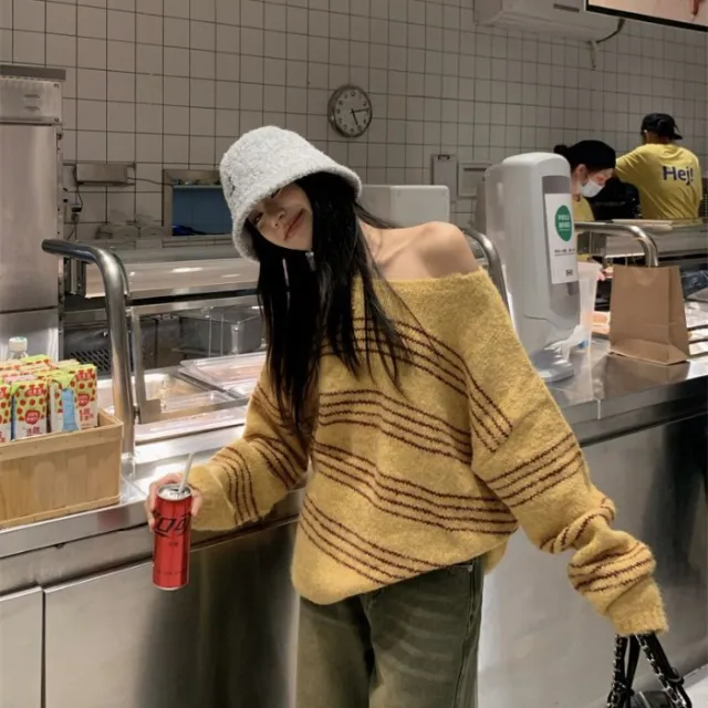 Lazy Style Striped Color blocking Off shoulder Knit Sweater Women's New Springautumn Style Yellow - Shop at LoveMi