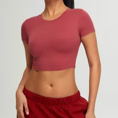 Slim Fit Short Yoga Clothing Top - Red - View 1