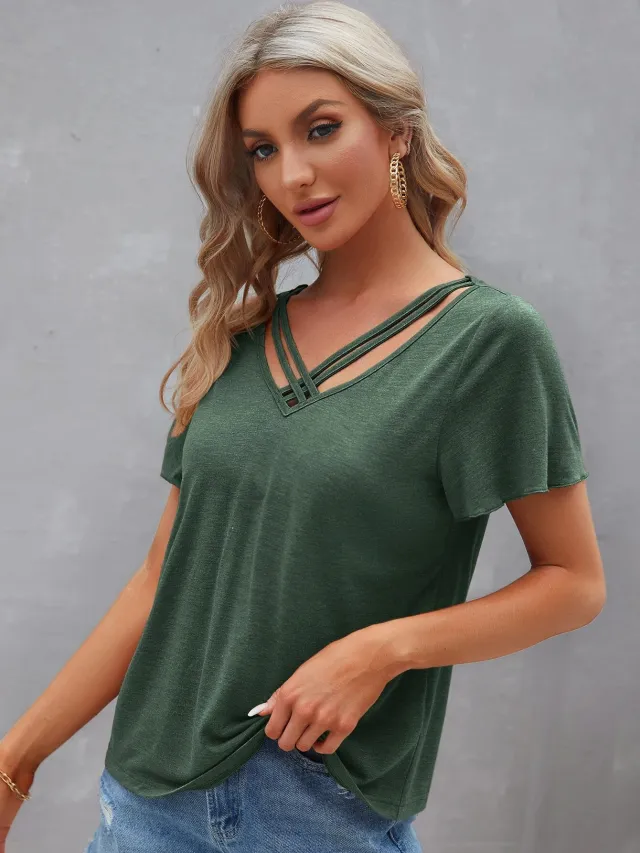 Women's Pure Color Ruffles Short sleeved Top T shirt Green - Shop at LoveMi