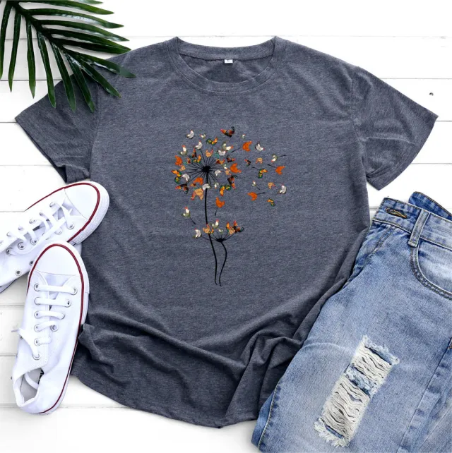 European And American Rooster Dandelion Printed Cotton Short Sleeve Gray - Shop at LoveMi