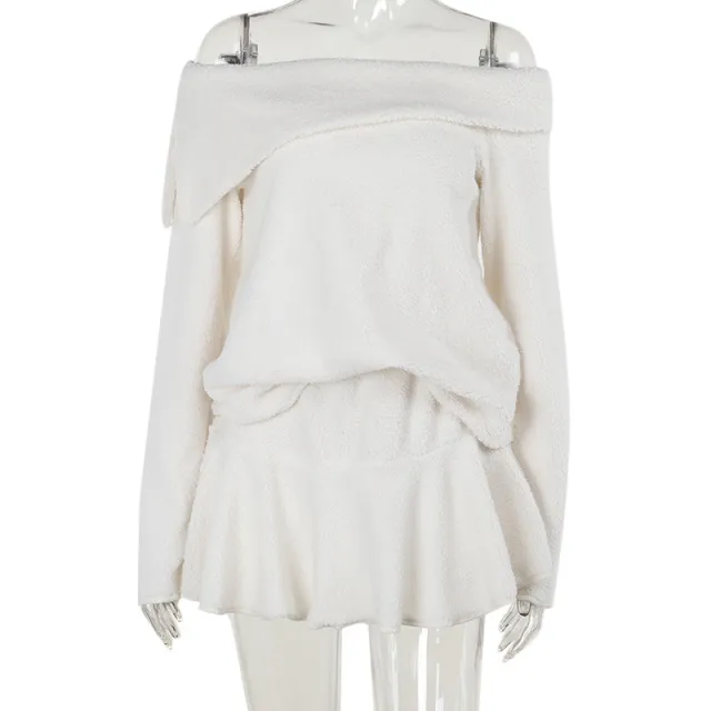 Women's Plush Lapel Shoulder Long sleeved Top Mid length Dress Set White - Shop at LoveMi