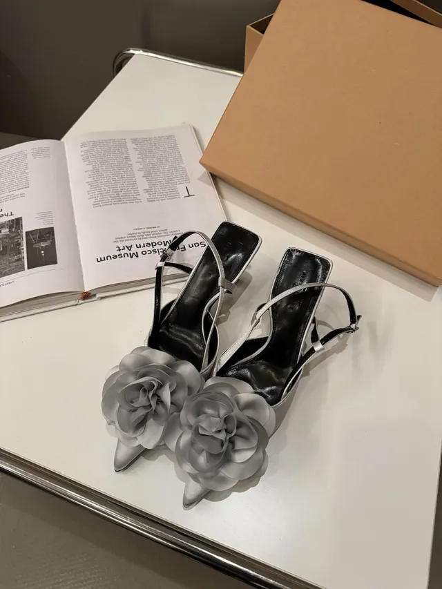 Design Flower High Heels French Closed Toe Sandals Silver - Shop at LoveMi