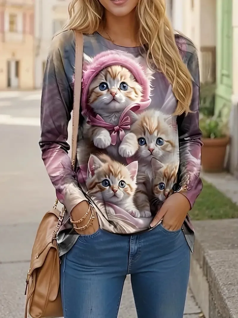 Women's New Long Sleeve 3D Printed Crew Neck Sweatshirt - Wqnt34Yt35