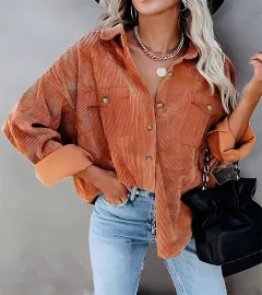 Autumn And Winter New Solid Color Button Corduroy Long Sleeve Loose Coat Women's Clothing - Chocolate-S - View 1