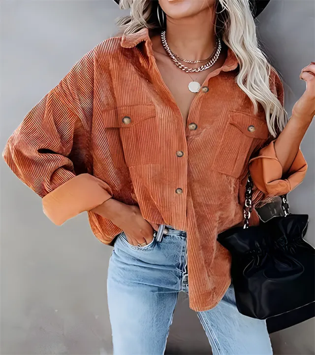 Autumn And Winter New Solid Color Button Corduroy Long Sleeve Loose Coat Women's Clothing Chocolate S - Shop at LoveMi