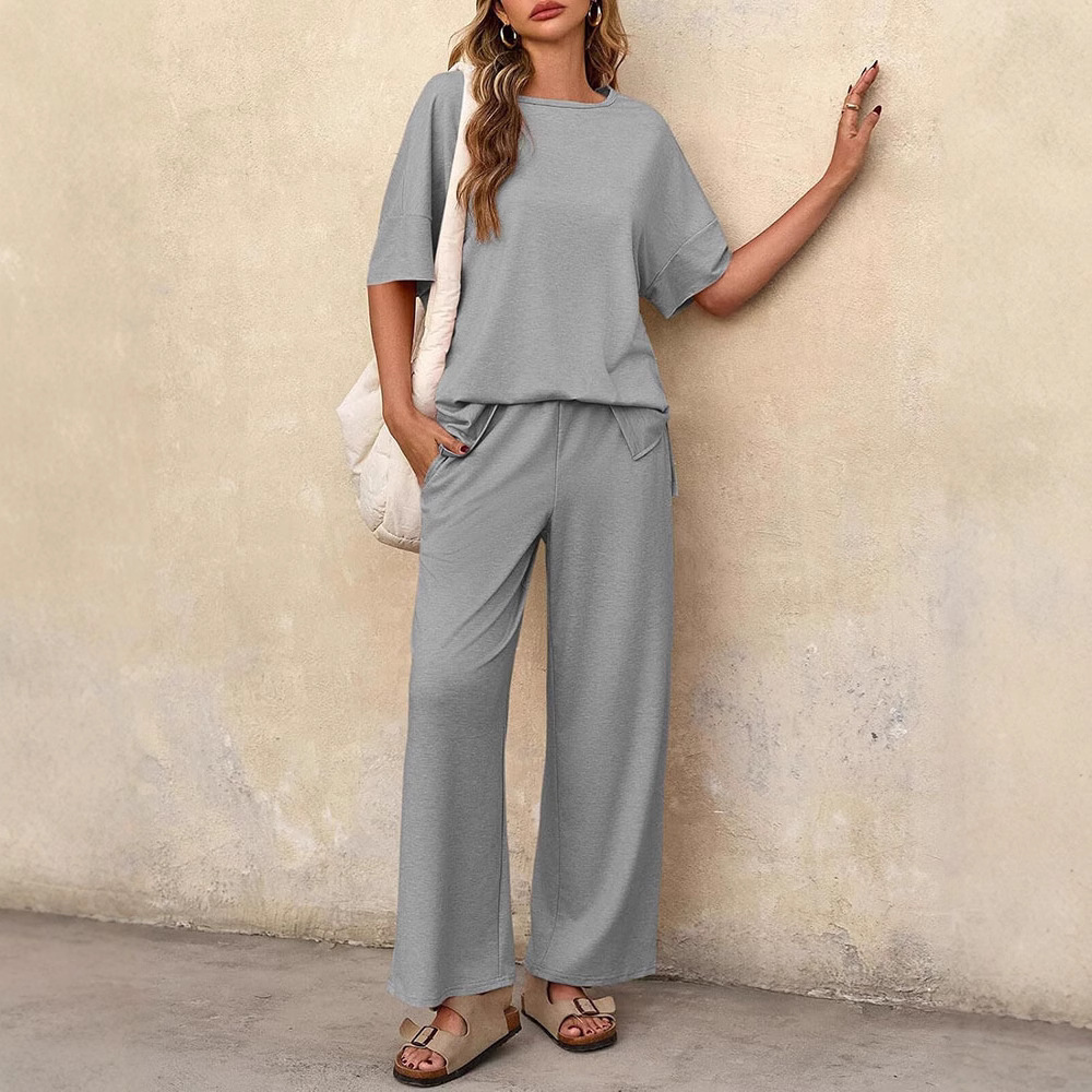 Short Sleeve Round Neck Top Wide Leg Pants Casual Women's Suit