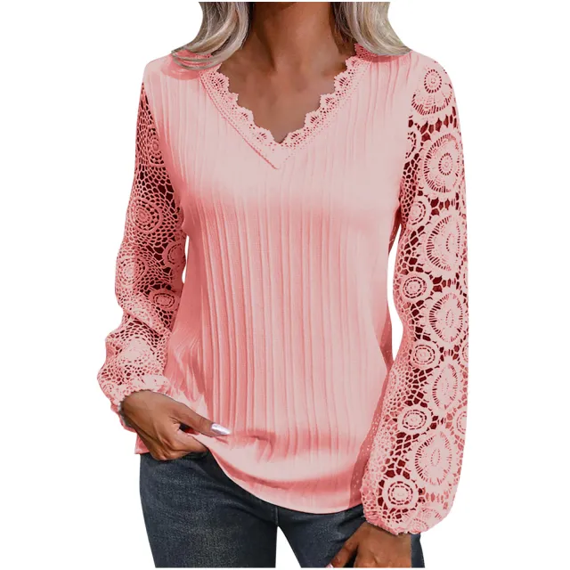 V neck Casual Loose Women's Lace Bottoming Shirt Long Sleeve Pink - Shop at LoveMi