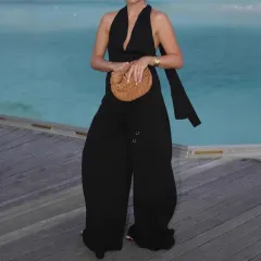 Womens Stylish And Elegant V-Neck Halter Jumpsuit With A Chic Fashionable V-Neck - Black - View 1