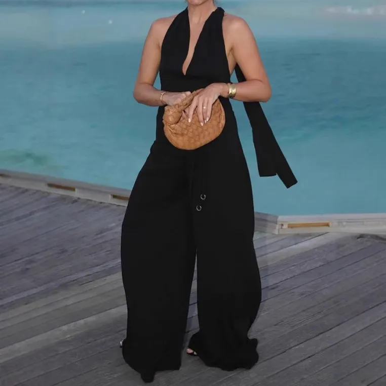 Womens Stylish And Elegant V-Neck Halter Jumpsuit With A Chic Fashionable V-Neck - Black
