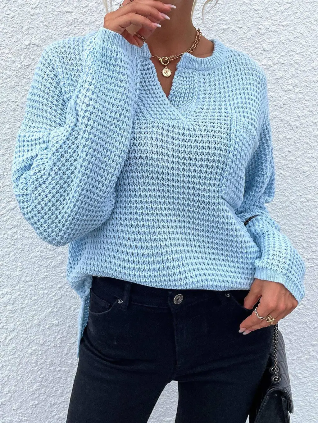 Women's Top Knitted Pullover Long Sleeve V-neck Pocket Solid Color Sweater - Blue