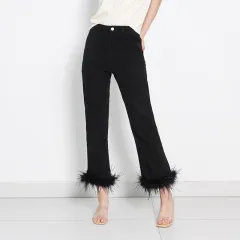 Simple Cropped Fashion Trousers Ostrich Feather Stitching Design For Women - Black - View 1