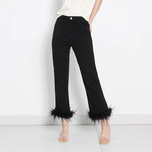 Simple Cropped Fashion Trousers Ostrich Feather Stitching Design For Women Black - Shop at LoveMi
